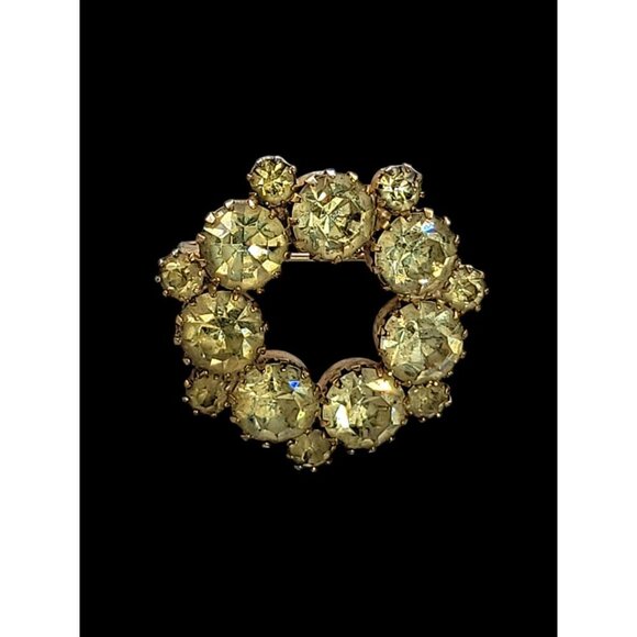 Paste Wreath Brooch Pin Yellow Round Prong Set Rhinestones Gold Tone Setting - Picture 5 of 13